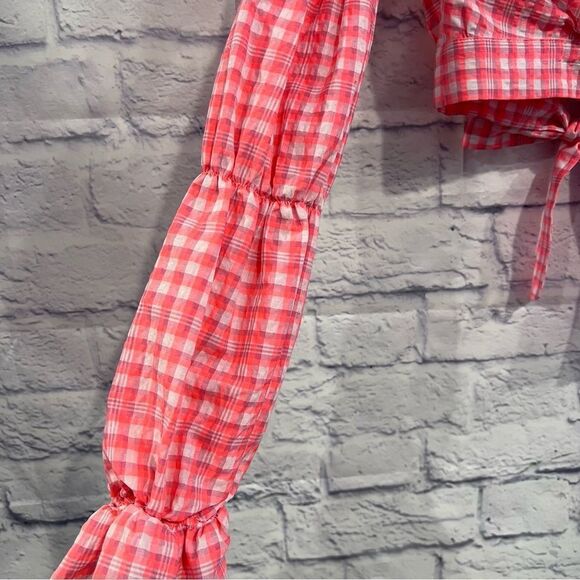 Topshop Pink & White Gingham Long Sleeve Crop‎ Top - Picture 6 of 8